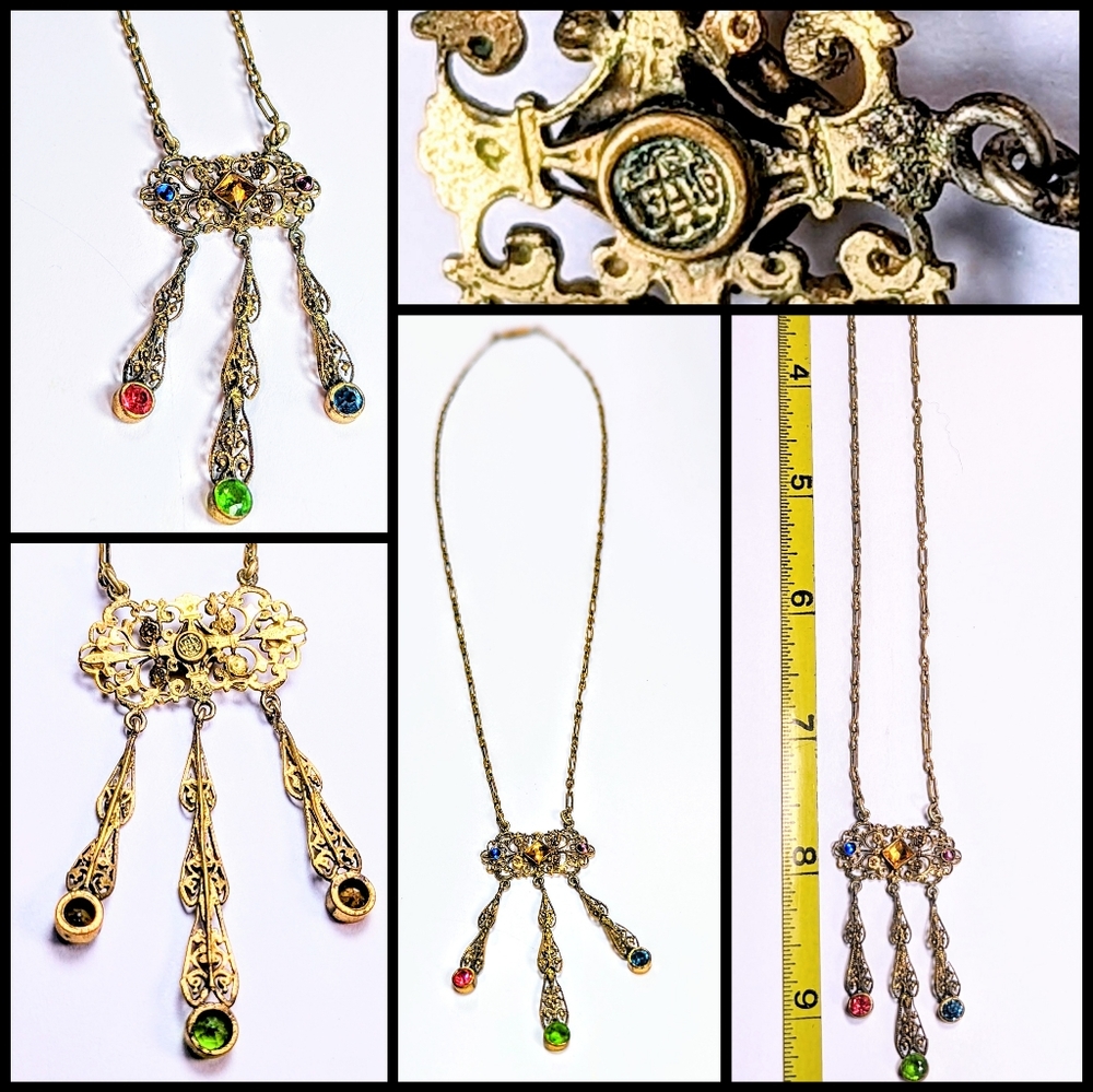 Antique Edwardian Era Pre-Napier E.A. Bliss Co Filigree and Gemstone Necklace.